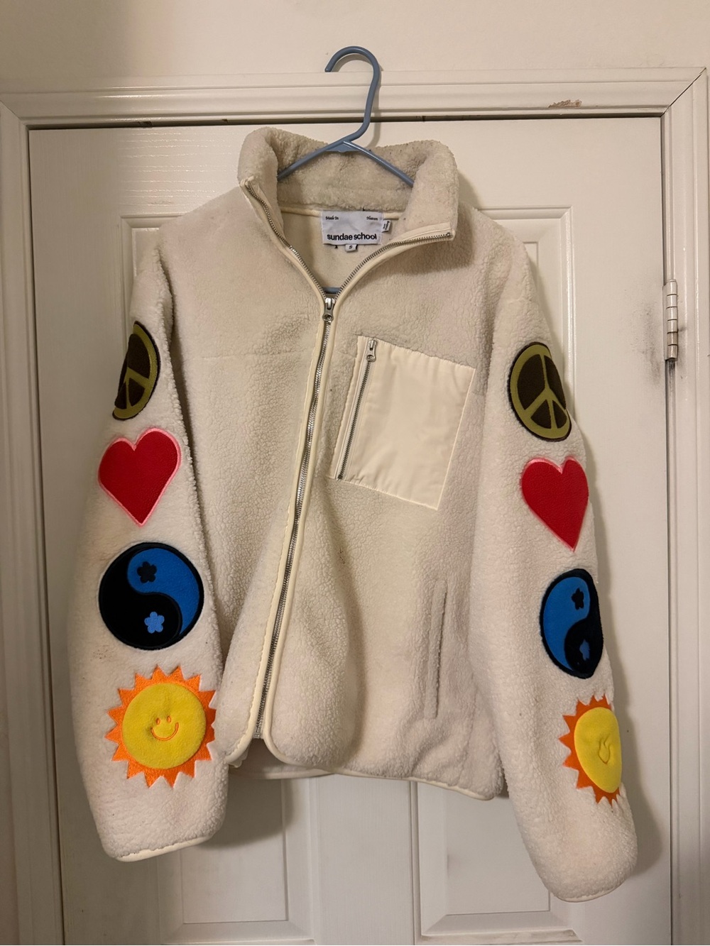 sunday school Cream Sherpa Jacket with Colorful Patch Sleeves - Small